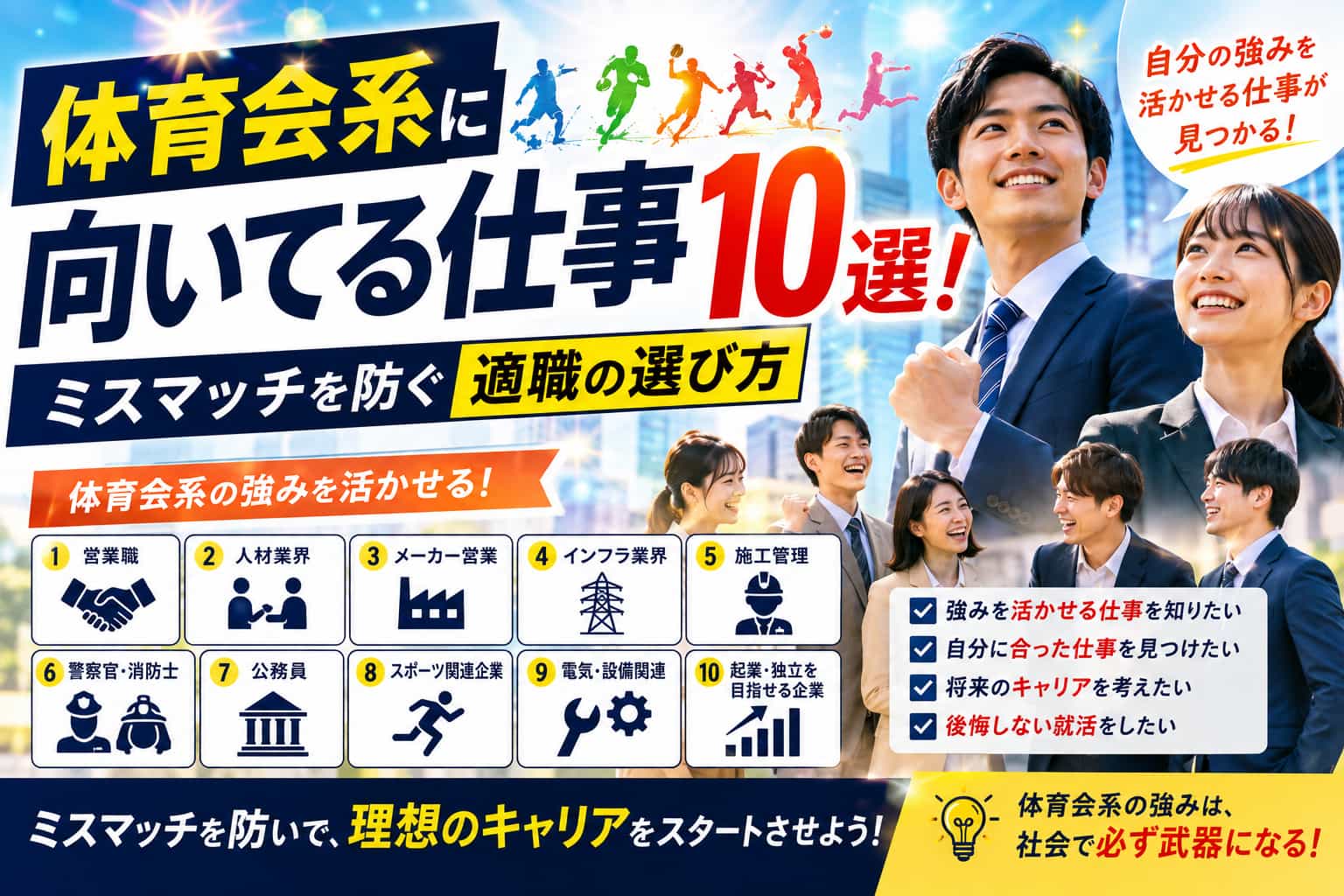 体育会系に向いてる仕事10選！ミスマッチを防ぐ適職の選び方